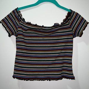 Charlotte Russe Multicolored Striped Lettuce Hem Off Shoulder Crop Top Size Med